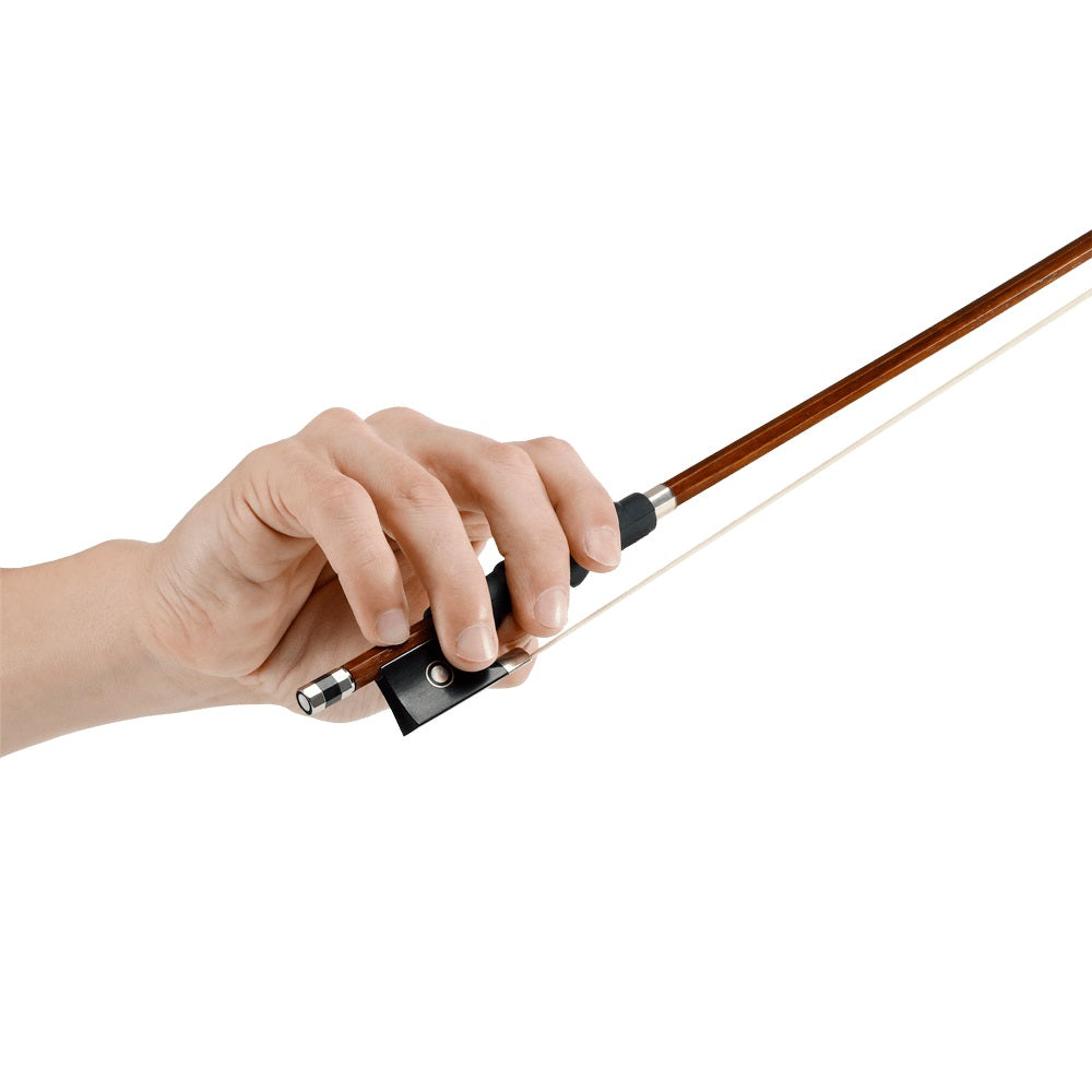 The D'Addario Bowmaster bow guide on a bow being held by a hand