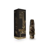 A D'Addario Marbled Select Jazz tenor saxophone mouthpiece next to its box