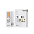 A box of D'addario Organic Select Jazz filed alto saxophone reeds with a single reed sitting next to it