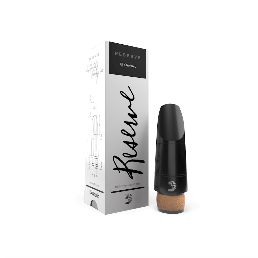 The D'Addario Reserve Clarinet Mouthpiece next to its packaging