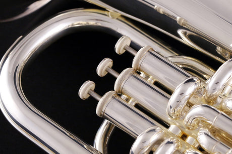 Eastman EEP526S Euphonium - Silver Plated - close up of the piston valves and valve casings