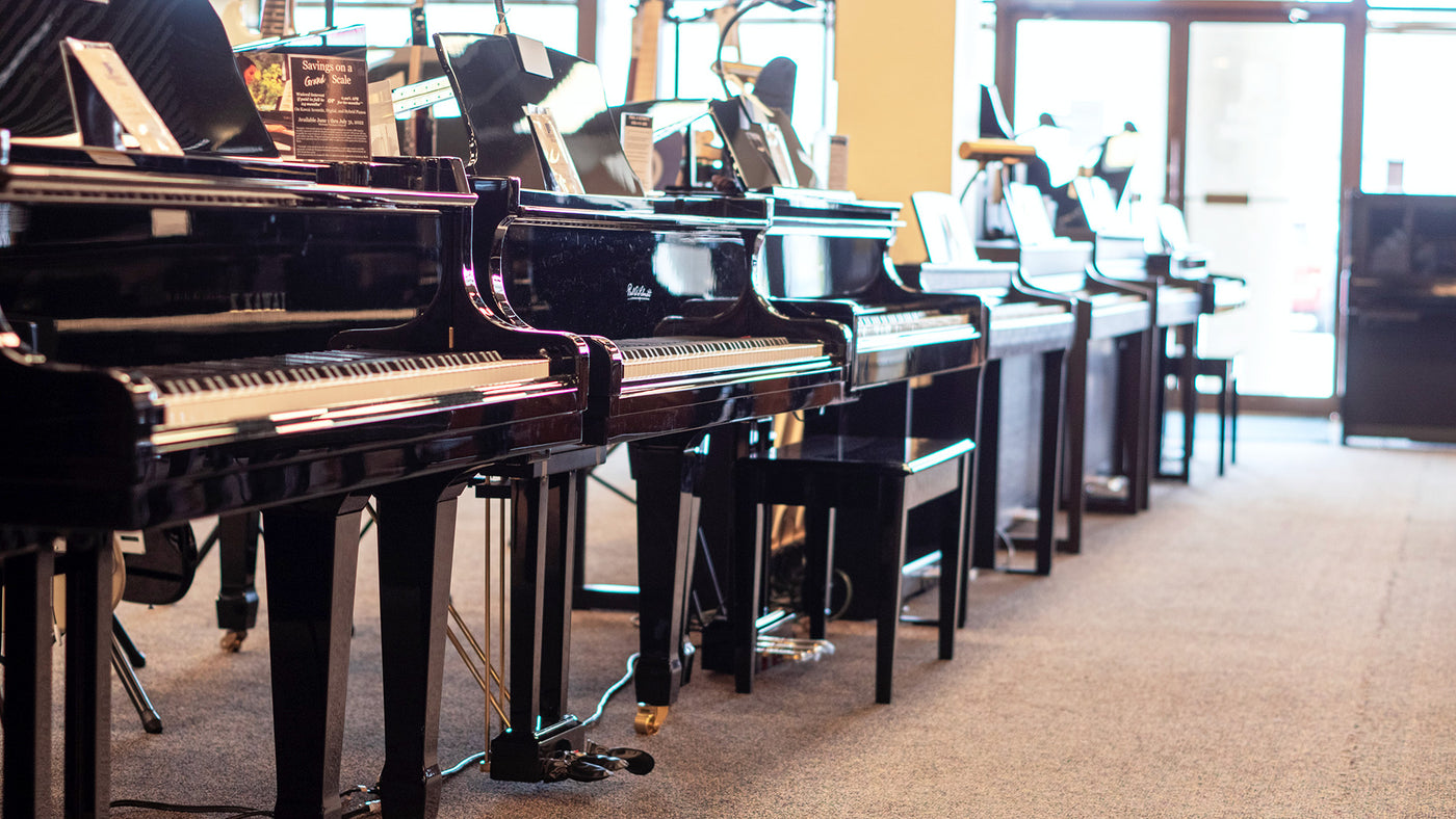 Pianos at Schmitt Music Fargo showroom