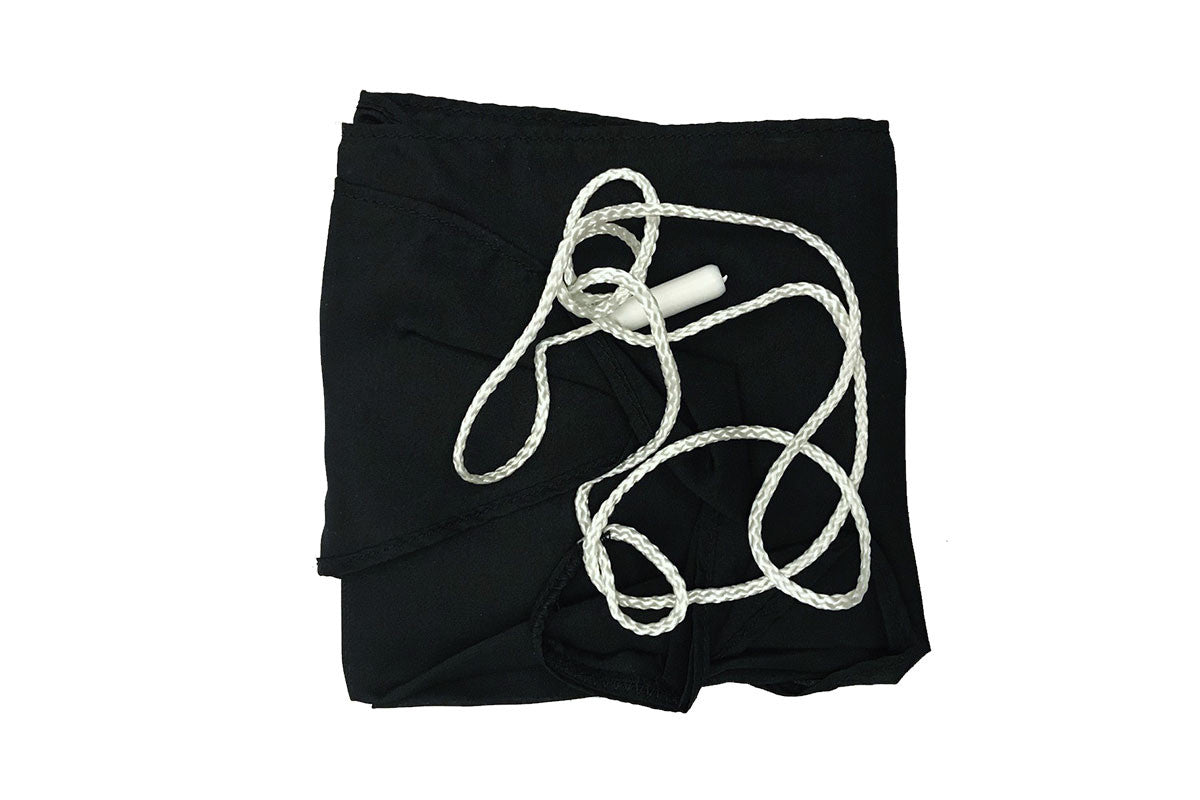 GEM Silk Bassoon swab - pictured is a black silk cloth with a white string