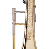 Getzen 4047ET Custom Reserve Large Bore Tenor Trombone - close up of the elk head engraving and logo on the bell