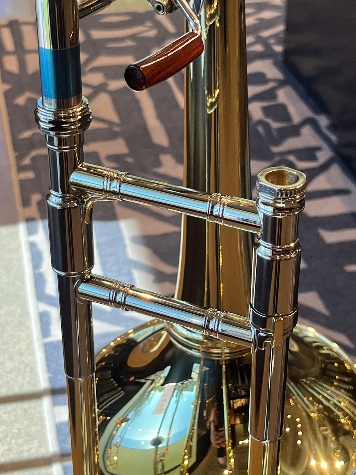 Greenhoe GB4-1Y Screw Bell Large Bore Tenor Trombone - the mouthpiece receiver and the tuning slide braces