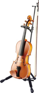 The Hercules DS5571BB Violin and Viola Stand with a violin resting in it