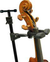 The Hercules DS5571BB Violin and Viola Stand - a close up on a violin's headstock resting in the stand