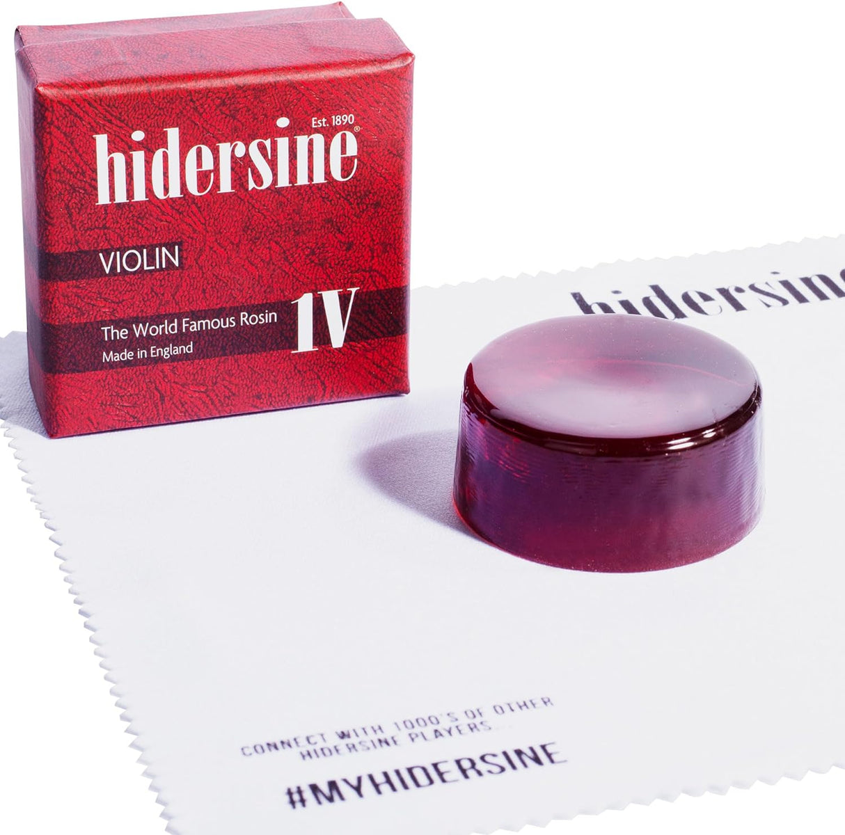 The Hidersine 1V Violin Rosin sitting next to its box 