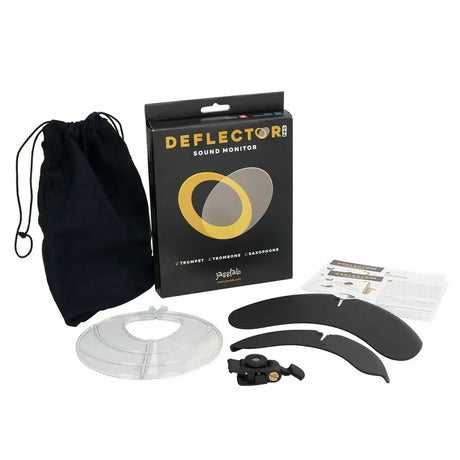 All the contents included with the Jazzlab Sound Deflector - Baggie, deflectors for sax, trumpet and trombone, the clip, and written instructions.