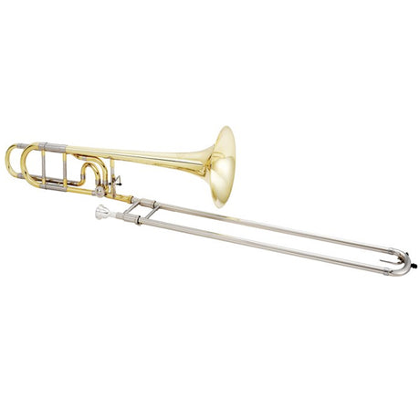 Jupiter JTB1150FO Large Bore Tenor Trombone - full view sitting on its side