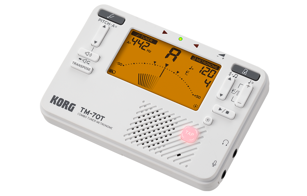 The Korg TM-70T Combo Tuner and Metronome slightly askance with input jacks showing on the side