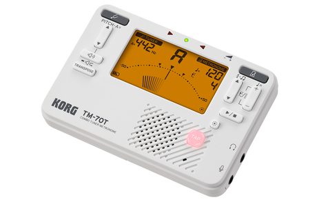 The Korg TM-70T Combo Tuner and Metronome slightly askance with input jacks showing on the side