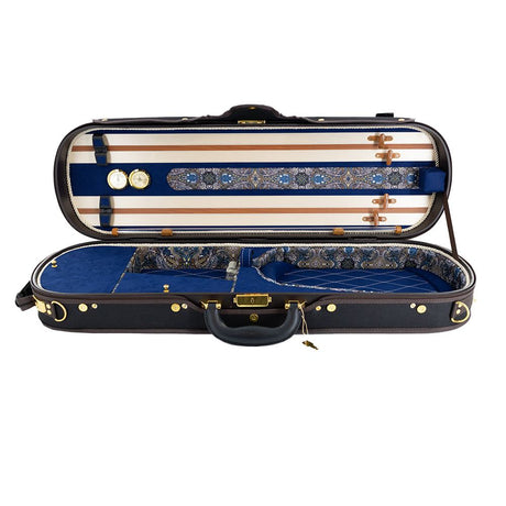 The Lake City Oblong full-size violin case sitting open with the paisley pattern displayed therein