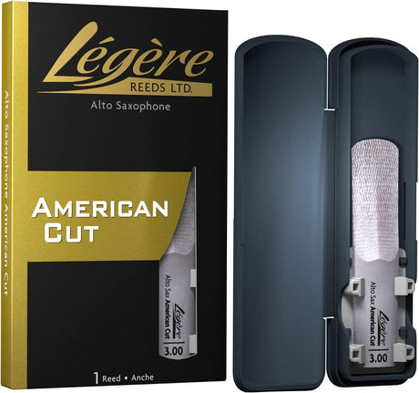 A Legere American Cut alto saxophone reed in its packaging and one in its carrying case