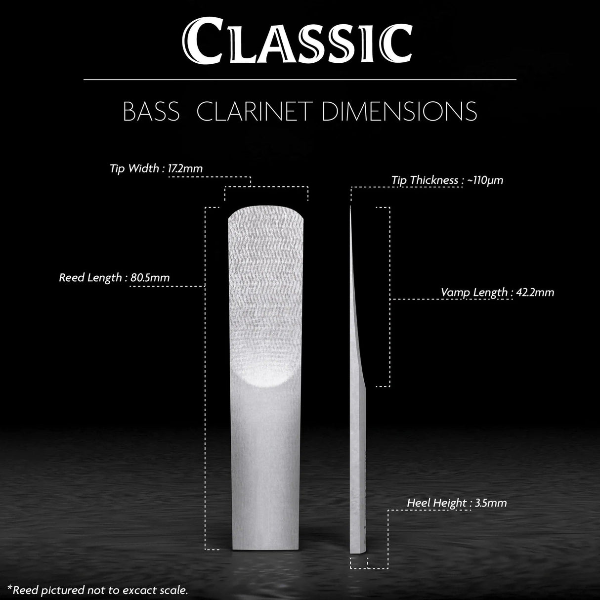 A diagram of the Legere Classic Cut bass clarinet reed with it dimensions indicated