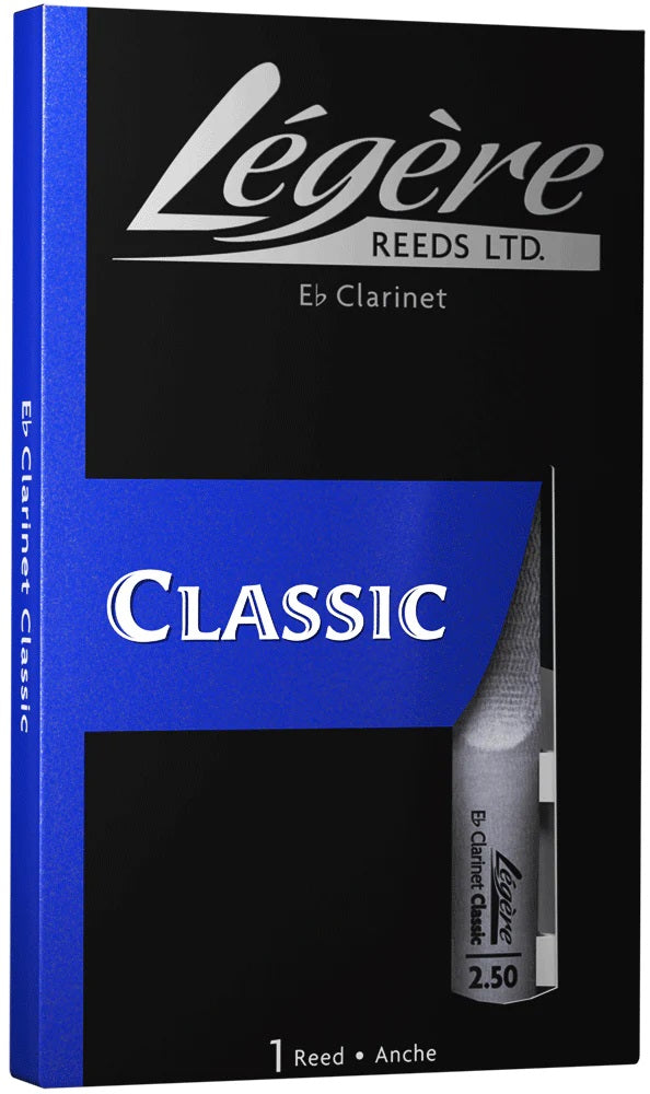 The Legere Classic Cut synthetic Eb clarinet reed in its packaging  