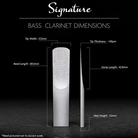 A diagram of the Legere European Cut synthetic bass clarinet reed with its dimensions indicated