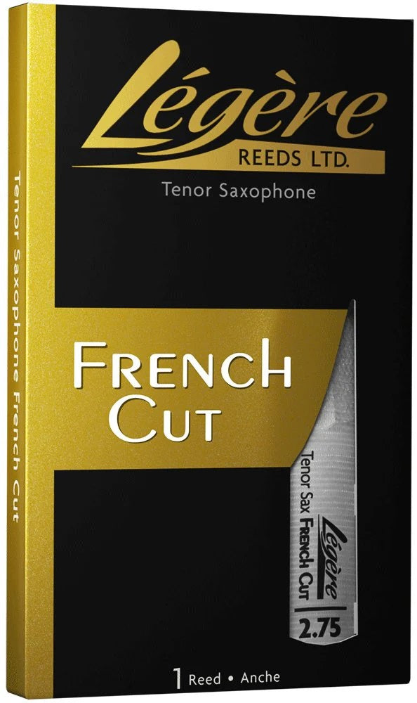 A Legere French Cut tenor saxophone reed in its packaging