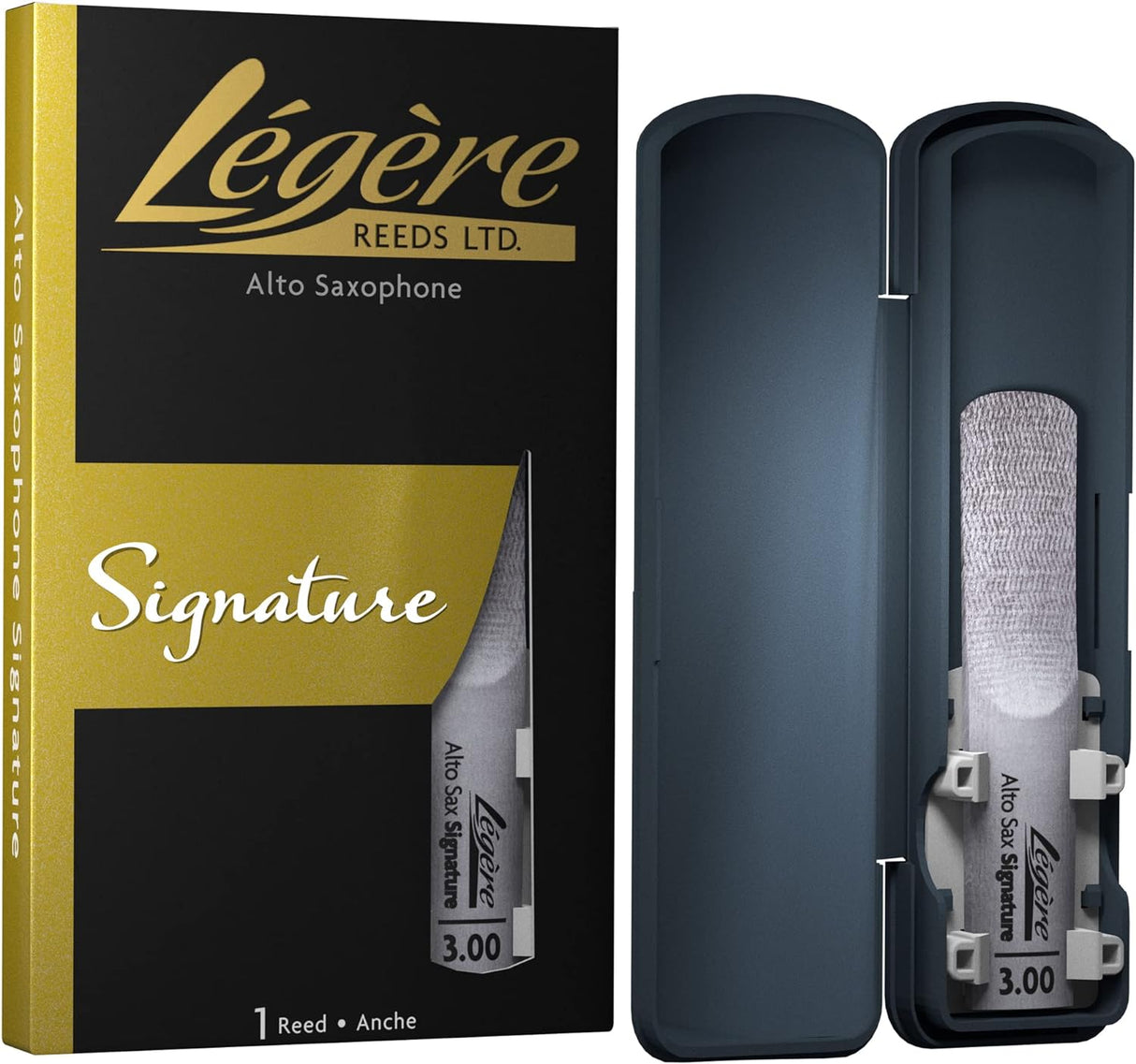 A Legere Signature alto saxophone reed in its packaging and one in its carrying case