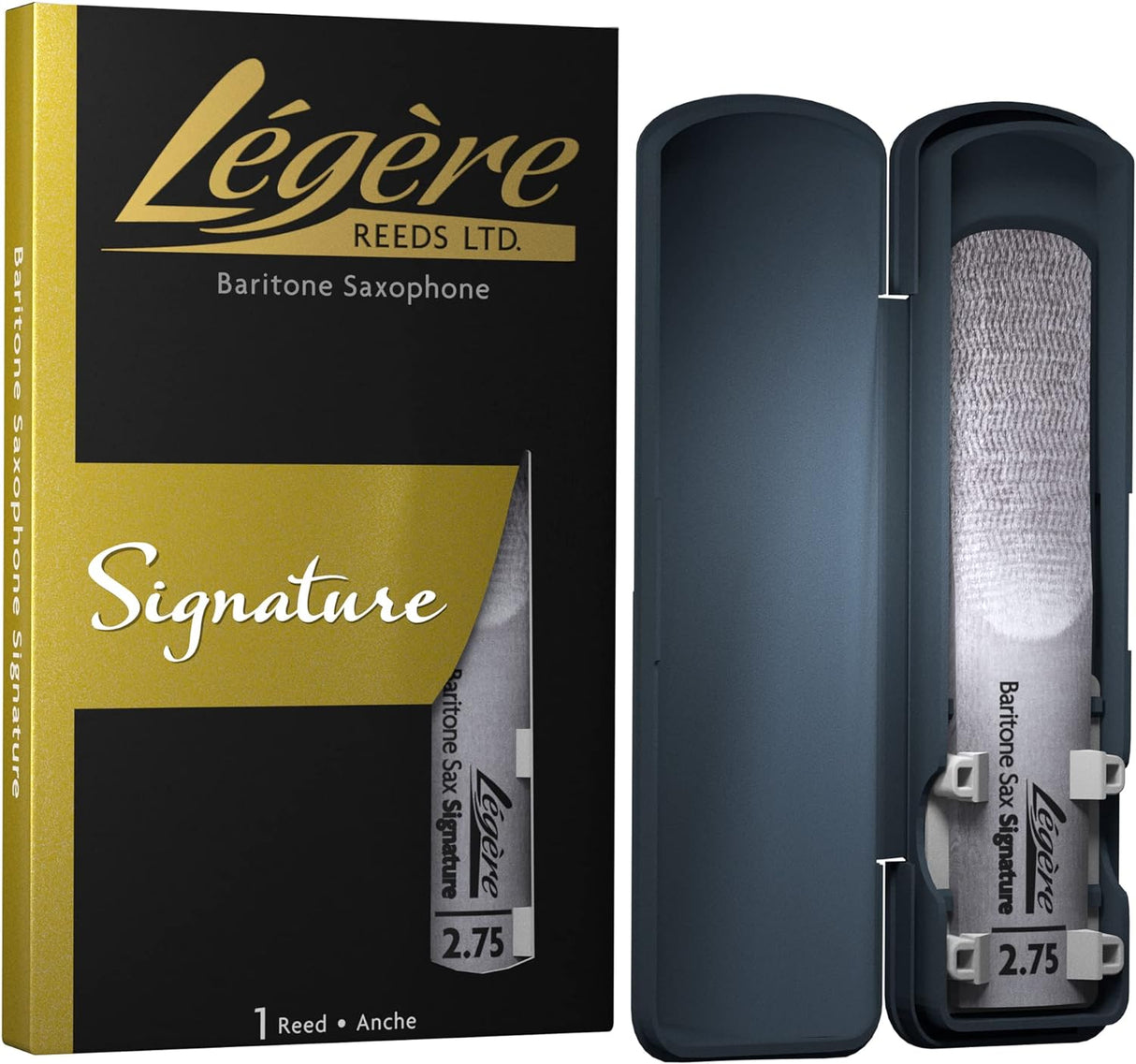 A Legere Signature baritone saxophone reed in its packaging and one in its carrying case