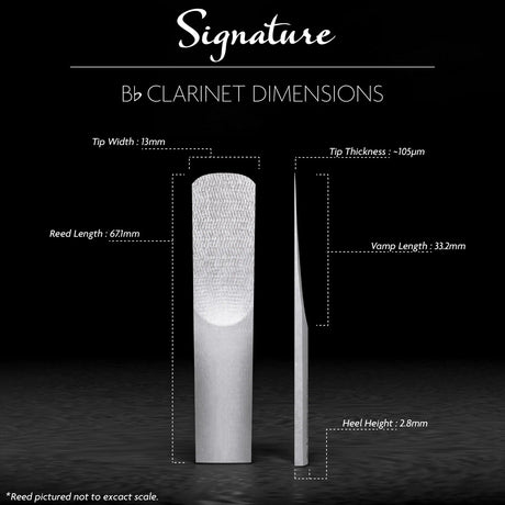 A diagram of the Legere Synthetic Cut Bb clarinet reed with its dimensions indicated