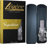 A Legere Signature soprano saxophone reed in its packaging and one in its carrying case