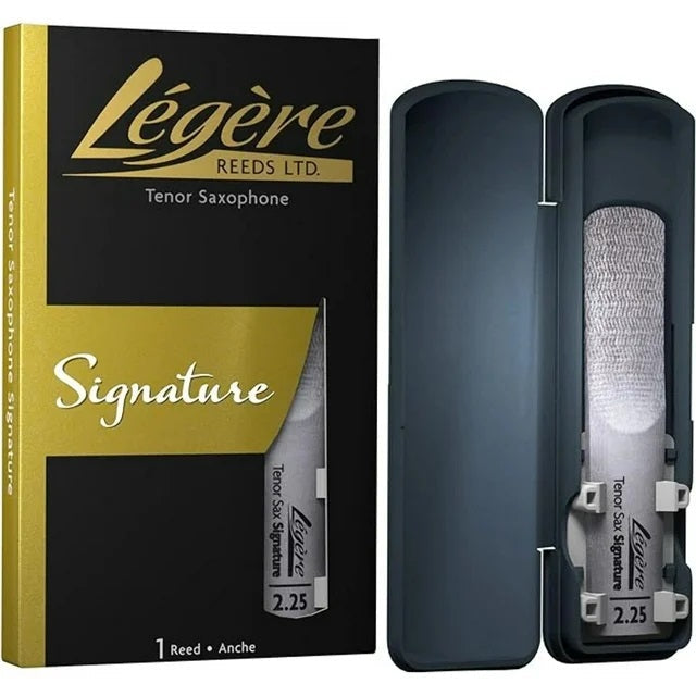 A Legere Signature tenor saxophone reed in its packaging and one in its carrying case