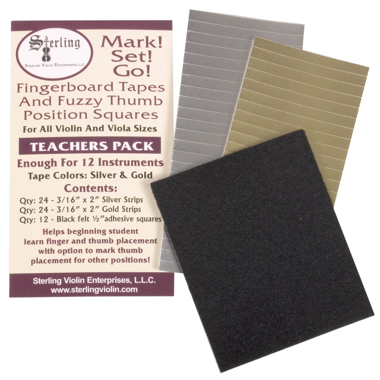 The components of the Mark Set Go Finger Tape pack - Gold Strips, Silver Strips, and black felt adhesive squares