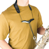 The Protec LC310M or LC305M leather saxophone neck strap being worn by a model