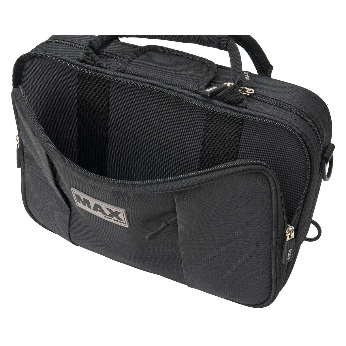 The Protect MX307 Max Bb Clarinet case shut and sitting upright with the outside storage pouch unzipped and open