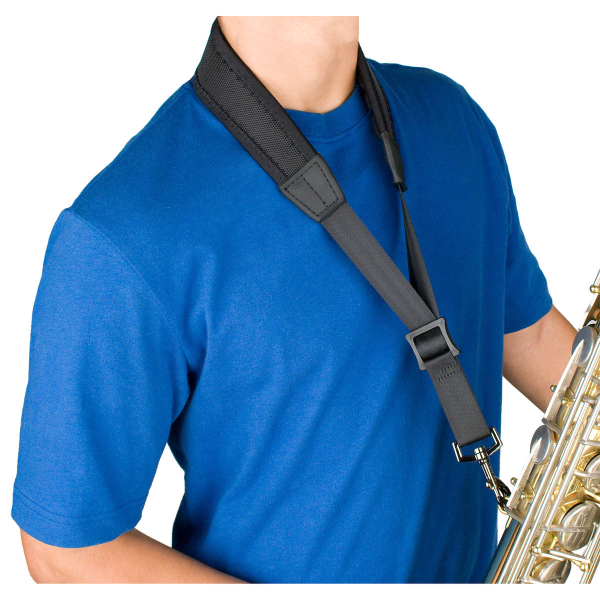 The Protec NLS310M or NLS305M neoprene less stress saxophone neck strap being worn by a model