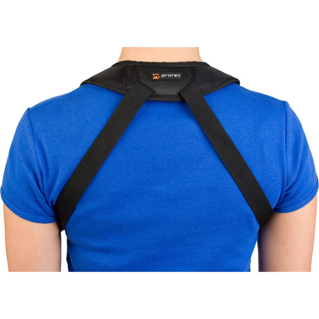 The Protec Padded Saxophone Harness worn on a person's torso as seen on their back