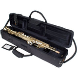 The Protec Propac PB310 straight soprano saxophone case sitting open with a soprano saxophone inside