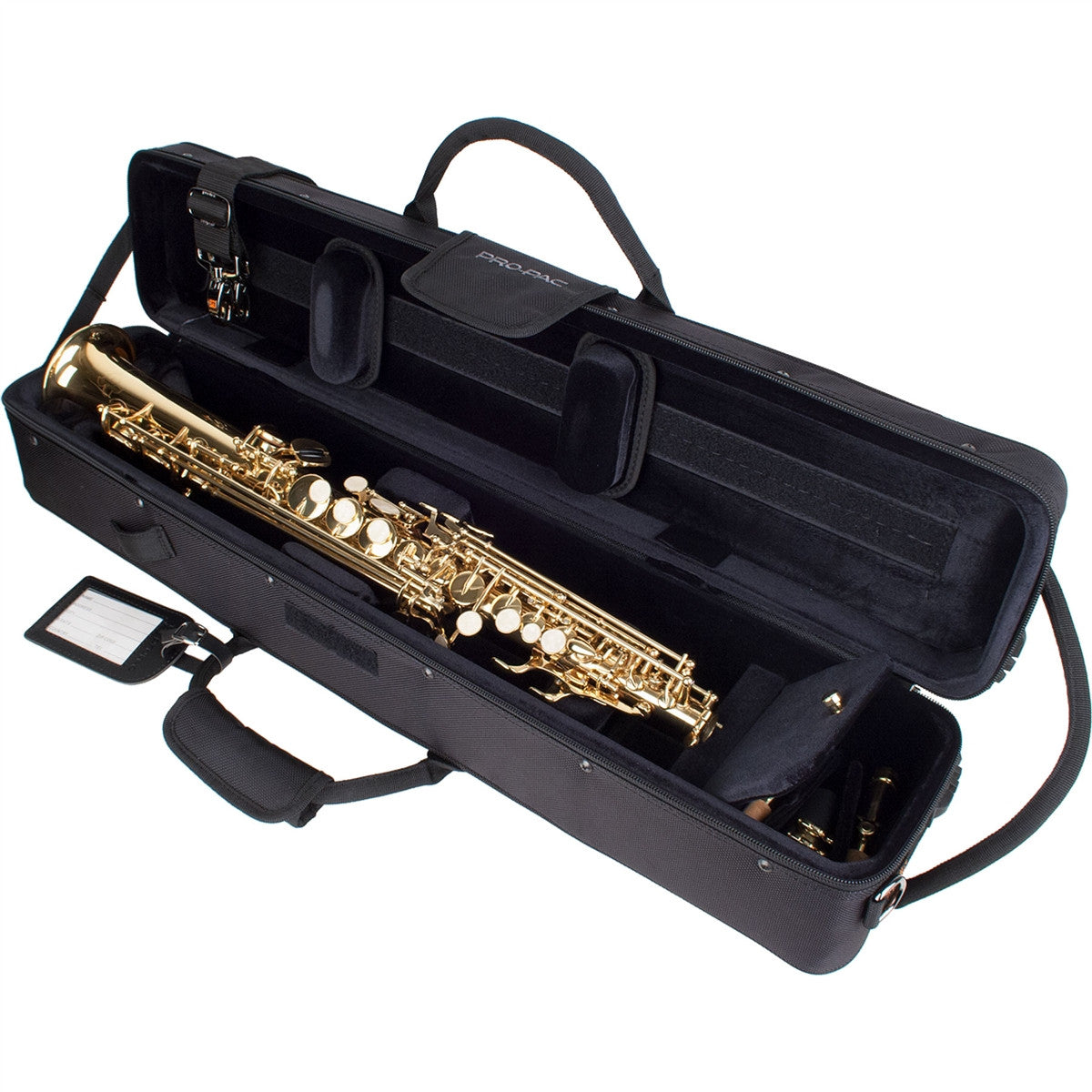 The Protec Propac PB310 straight soprano saxophone case sitting open with a soprano saxophone inside and the neck piece off and stored in the neck piece pocket