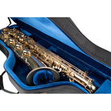 The Protec Propac PB311CT baritone saxophone case sitting open with a saxophone fit inside