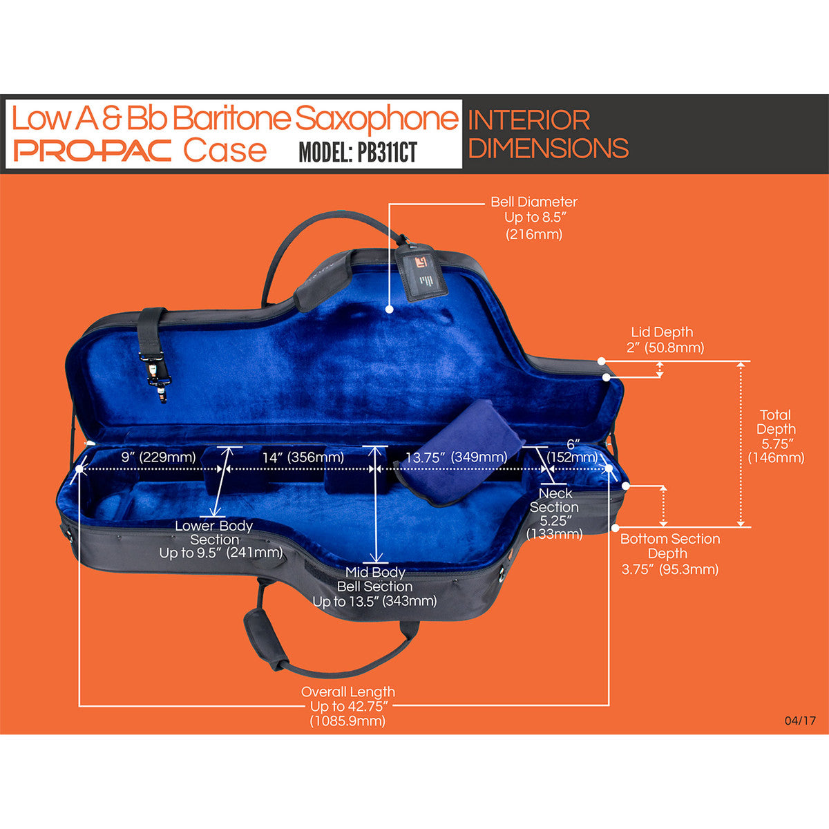 A diagram outlining the interior and exterior dimensions of the Protec Propac PB311CT baritone saxophone case