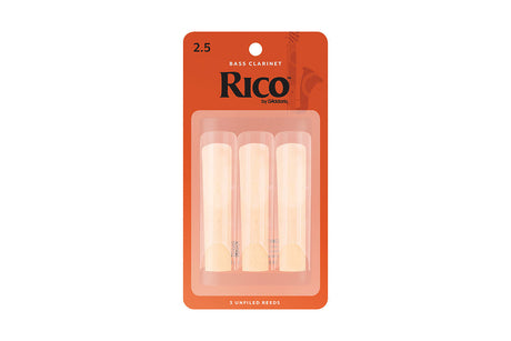 A pack of 3 Rico bass clarinet reeds in their recognizable orange packaging