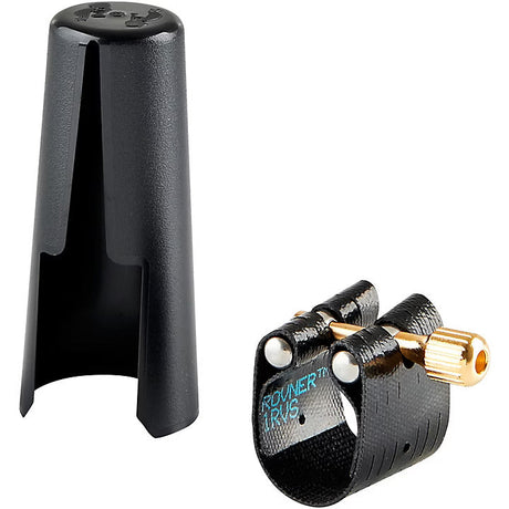 The Rovner Dark 1RVS soprano saxophone ligature and the included black plastic mouthpiece cap