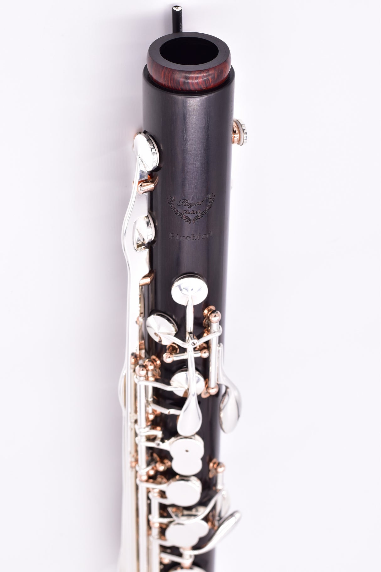 Royal Global Firebird Low C Bass Clarinet - Royal Global Firebird Low C Bass Clarinet - close up of upper joint and brand insignia