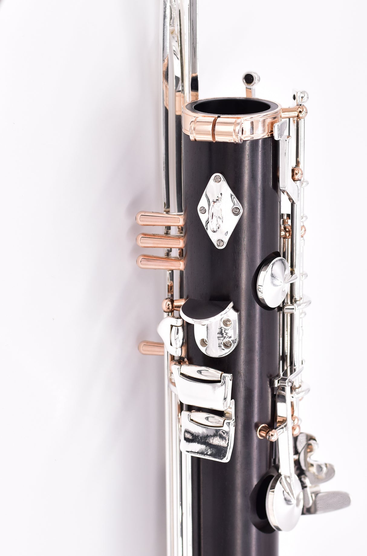 Royal Global Firebird Low C Bass Clarinet - close up of the back side of the upper half of the lower joint