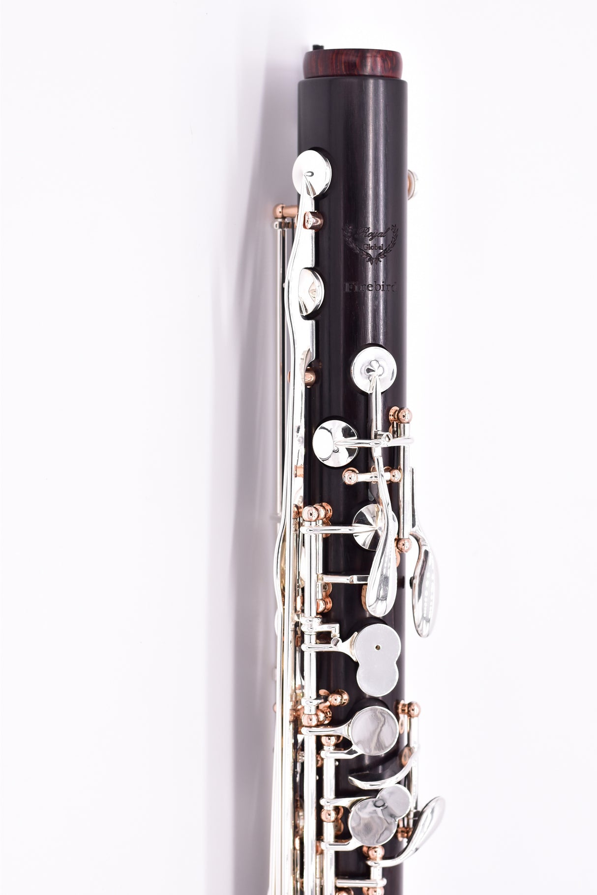 Royal Global Firebird Low C Bass Clarinet - close up of front side of upper joint