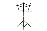 Black Schmitt Music folding music stand standing upright with its facing support flared open