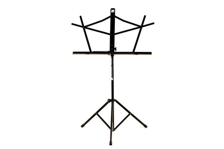 Black Schmitt Music folding music stand standing upright with its facing support flared open