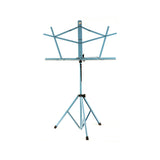 Light Blue Schmitt Music folding music stand standing upright with its facing support flared open