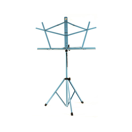 Light Blue Schmitt Music folding music stand standing upright with its facing support flared open