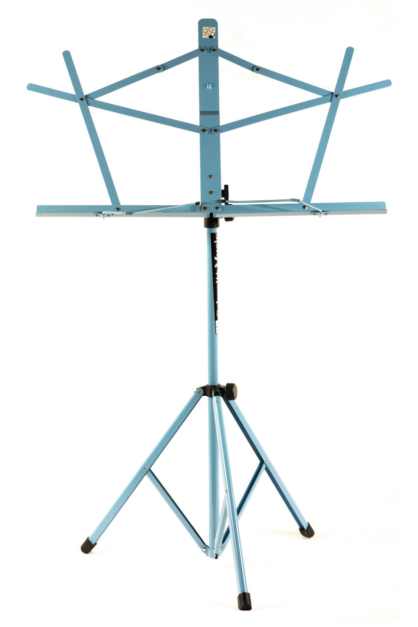 Light blue Schmitt Music folding music stand standing upright with its facing support flared open