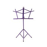 Purple Schmitt Music folding music stand standing upright with its facing support flared open