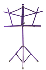 Purple Schmitt Music folding music stand standing upright with its facing support flared open