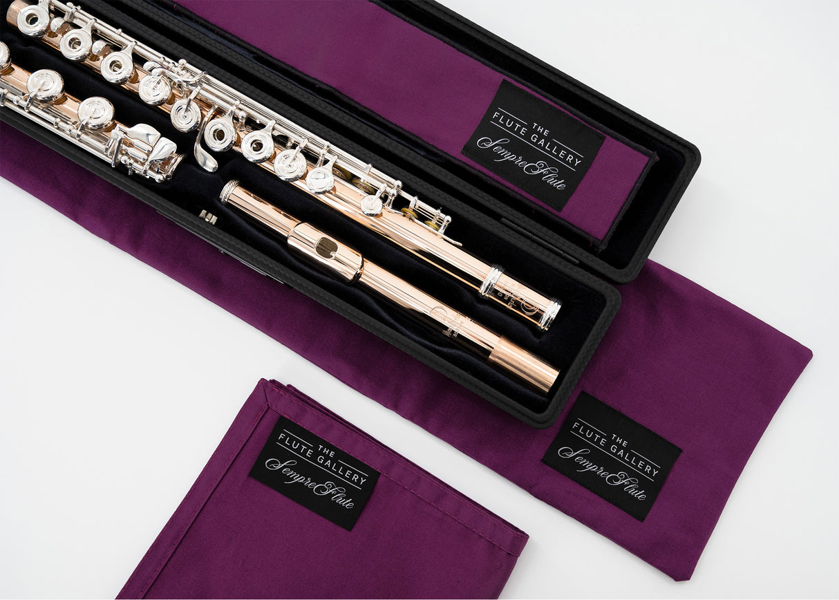 sempre|flute Flute Gallery Limited Edition cloth bundle - Includes the Cleaning Cloth, the Tarnish Saver, and the Flute Mat, all in Berry color.