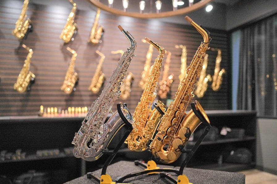 Three saxophones in the Sax Shop